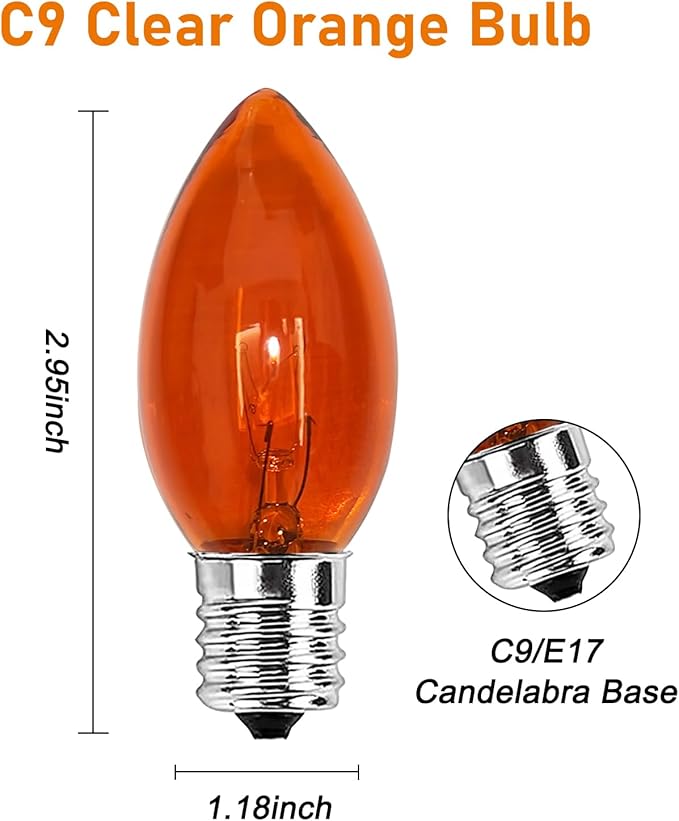 25 Pack C9 Orange Replacement Bulbs, C9 Incandescent Replacement Bulbs for Outdoor Indoor Patio Halloween Christmas String Lights, C9/E17 Intermediate Base Bulbs, 7 Watt, 120 Volt
