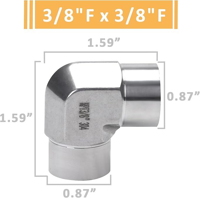 90 Degree Street Elbow - 3/8" NPT Female to 3/8" NPT Female Stainless Steel 304 Heavy Duty Forged Barstock Street Elbow Adapter Pipe Fitting (pack of 5)