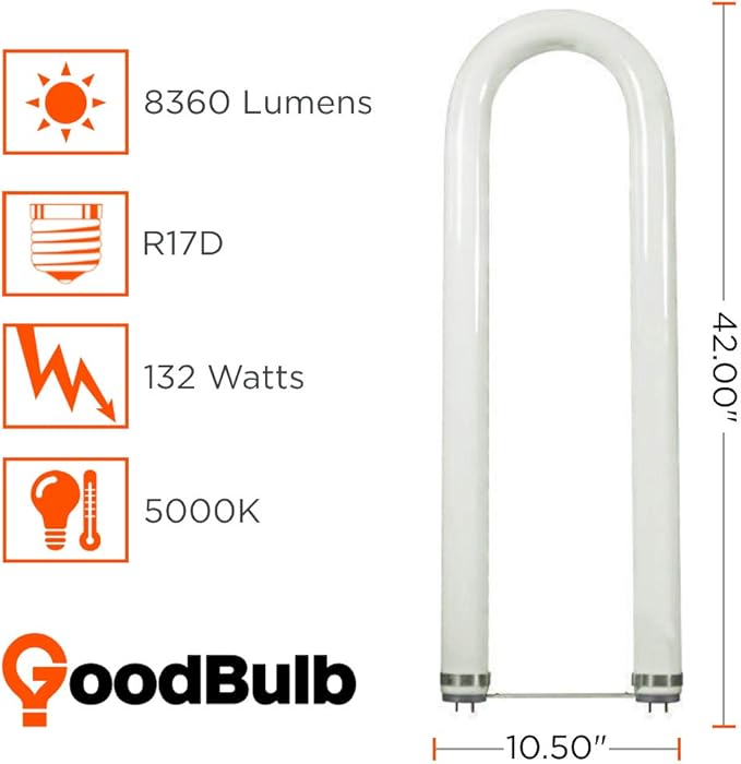 GoodBulb 132-Watt 6 Inch T12 Fluorescent U-Bend Light Bulb 5000K Daylight White Light Color Medium Bi-Pin Base High Output 8360 Lumens 10000 Life Hours 62 CRI Pack of 6 Bulbs