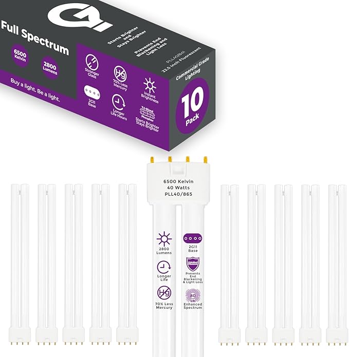 GoodBulb PLL40/865 40W 22.5" Twin Tube Compact Fluorescent Light Bulb 4-pin 2G11 Base 6500K Full Spectrum 2800 Lumen 36000 Hour Long Life Biax Pack of 10