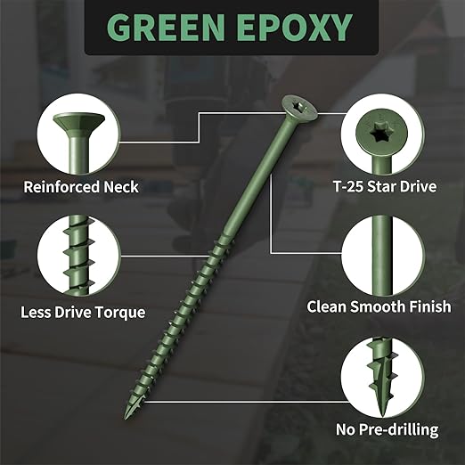 Wood Screws 4 Inch, FIXLINK Deck Screws #10 x 4, 105 PCS, Epoxy Coated, T25 Star Bit Above 1500 Hour Salt Spray Coating Outdoor Decking Screws Excellent Rust Resistant for Wood Fence, Green