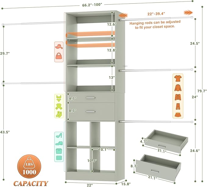 Closet System, 4-8 FT Closet Organizer Tower with 2 Wooden Drawers and Shelves, Can Fit 60 to 96 inch Walk-in Closet System with 5 Hang Rods, Built-in, Crab Green