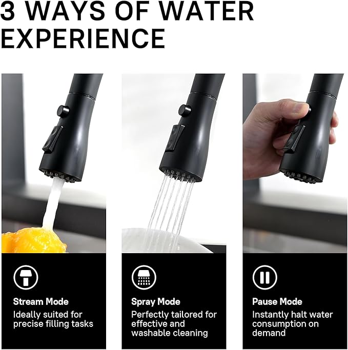 WEWE Black Kitchen Sink Faucets: Water Faucet with Pull Down Sprayer Stainless Steel Single Handle 1 Or 3 Hole for Farmhouse Commercial Camper Laundry Rv Bar