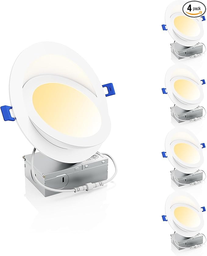Ensenior 4 Pack 6 inch LED Eyeball Recessed Lighting, 360°+90° Rotatable and 2700K-5000K Selectable, Dimmable Gimbal Recessed Lights, Canless Angled Adjustable Ceiling Downlight, 1300LM, 13W=115W-FCC