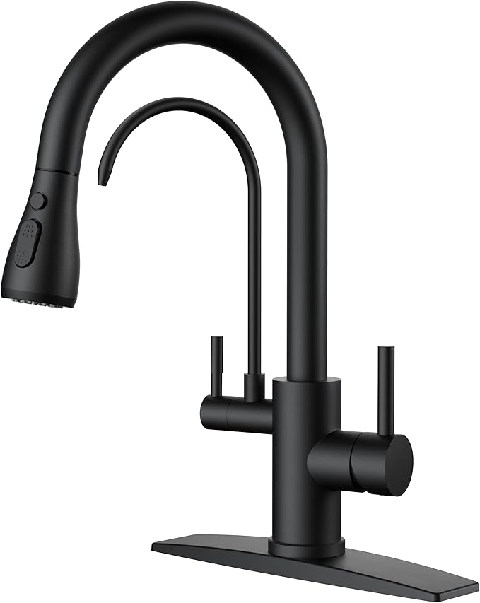 FORIOUS Black Kitchen Faucets with Water Filter, 2 in 1 Stainless Steel Pull Down Sink Faucet and Purfied Water Faucet High Arc Single Handle with Detachable Deck for 1 or 3 Hole