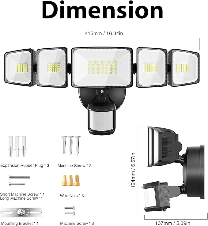 Onforu 120W 12000LM LED Security Lights Motion Sensor Outdoor, Dusk to Dawn Flood Lighting, 5 Heads 360° Wide Angle Illumination, 6500K IP65 Waterproof Hardwired Floodlight Motion Detection (Black)