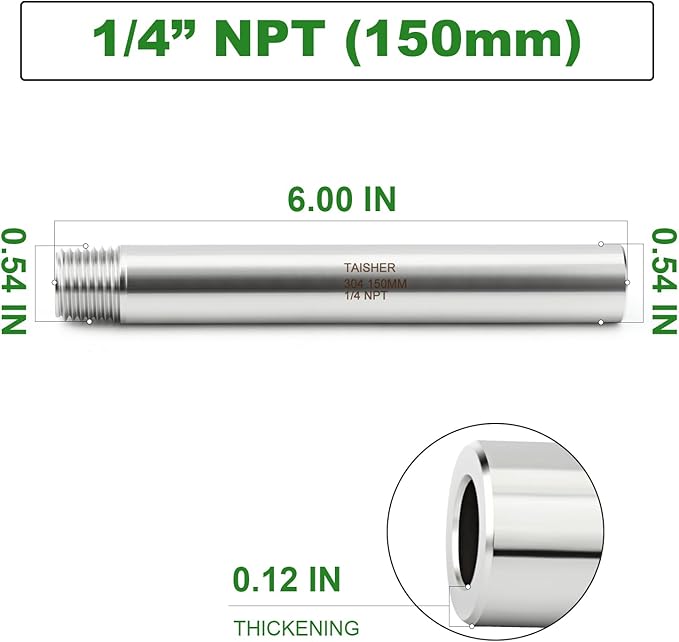TAISHER 2PCS 304 Stainless Steel Pipe Fittings, 1/4" NPT Male Threaded, 6" Length Weld Nipple Cast Pipe