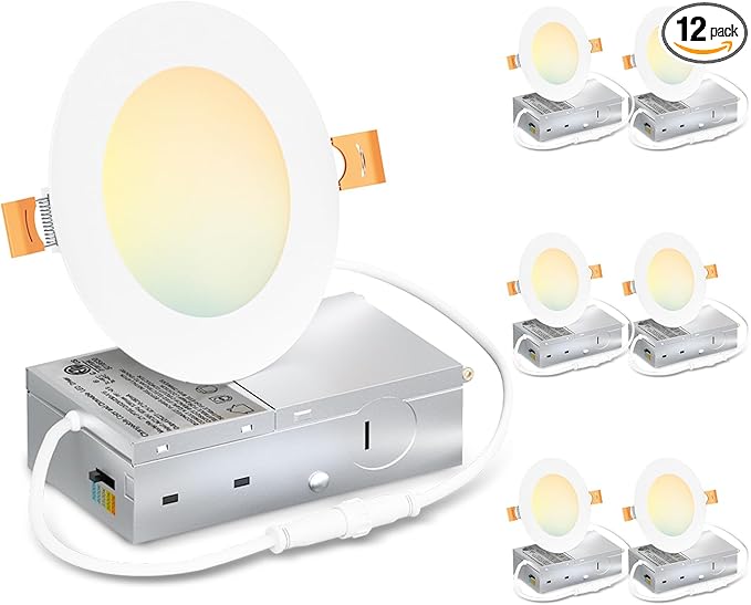 LVWIT Ultra-Thin Recessed Lighting 4 Inch with Junction Box, 800LM 2700K-5000K 5CCT LED Ceiling Lights, Dimmable Canless Wafer Downlight, ETL,FCC&IC, Smooth Trim, 6 Pack