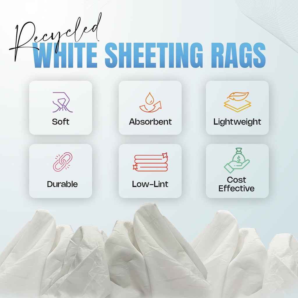 Recycled White Sheeting Cleaning Rags (600 lbs. Pallet 120x5 lbs. Box) – Lint Free White Cotton Cloths for Manufacturing | Automotive | Janitorial | Shop Rags Bulk - Multipurpose