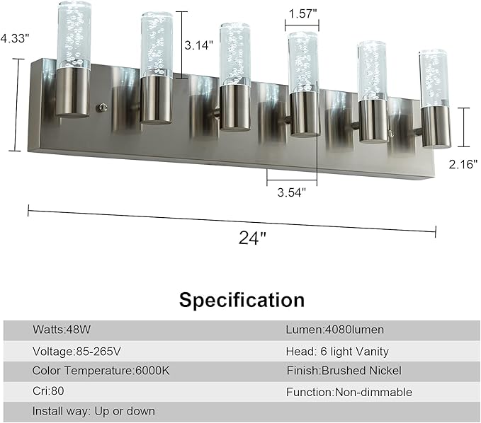 Bathroom Vanity 6 Light Fixture Modern Over Mirror Lighting with Bubble Light Shades and LED White Light 6000K Perfect Bathroom Lighting Fixtures Over Mirror for Your Home………