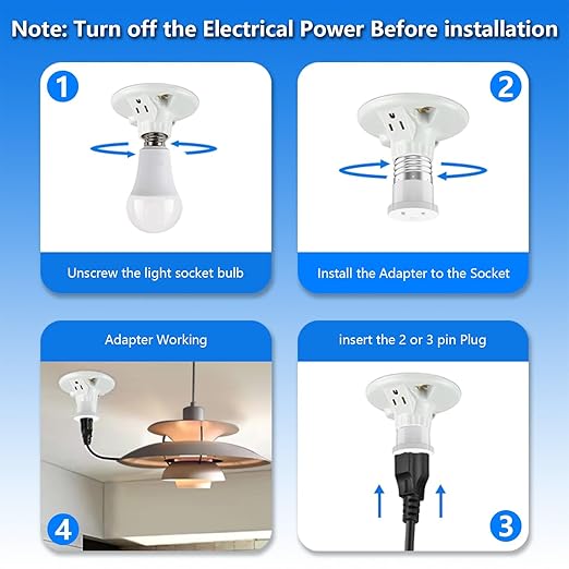 4 Pack, Light Socket to Plug Adapter, Convert Light Bulb Socket to Outlet Adapter (White).