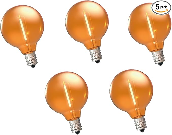 5 Pack G40 Orange LED Replacement Christmas Light Bulbs,E12 Candelabra Base, Shatterproof Plastic, for Christmas Outdoor String Lights (5 PCS)