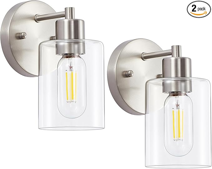 Wall Sconces for Bathroom, Brushed Nickel Vanity Light Fixtures, Modern Wall Mount Lighting Lanterns, Farmhouse Wall Lamps with Clear Glass Shade for Bedroom Living Room Mirror Hallway Porch(2PACK)