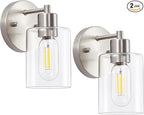 Wall Sconces for Bathroom, Brushed Nickel Vanity Light Fixtures, Modern Wall Mount Lighting Lanterns, Farmhouse Wall Lamps with Clear Glass Shade for Bedroom Living Room Mirror Hallway Porch(2PACK)