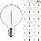 G40 LED Replacement Bulbs, 1.57 Inch Shatterproof Plastic Bulbs 0.6 Watt Dimmable Globe Light Bulbs fit E12/C7 Candelabra Base for Indoor Outdoor String Light Decor, Warm White, 25 Pack