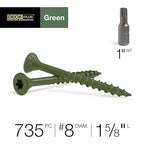 Deck Plus 1-5/8 Inch Epoxy Coated Exterior Wood and Fence Screws #8 x 1-5/8" Torx/Star Drive Included Coarse Thread, Outdoor Rust Resistant Decking Screw, Green, 5lb Box, 735 Pieces | 48398