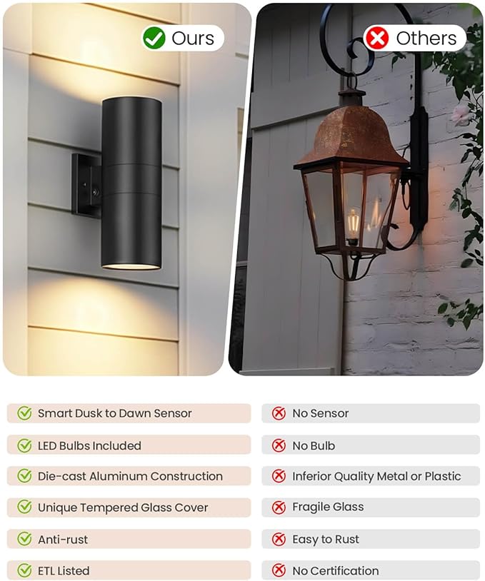 SHIMR Modern Outdoor Wall Lights Dusk to Dawn, Up and Down Light with LED Bulbs Include, Cylinder Matte Black Outdoor Sconce Lights Exterior Lighting Fixtures for House Porch Garage [ETL Listed]