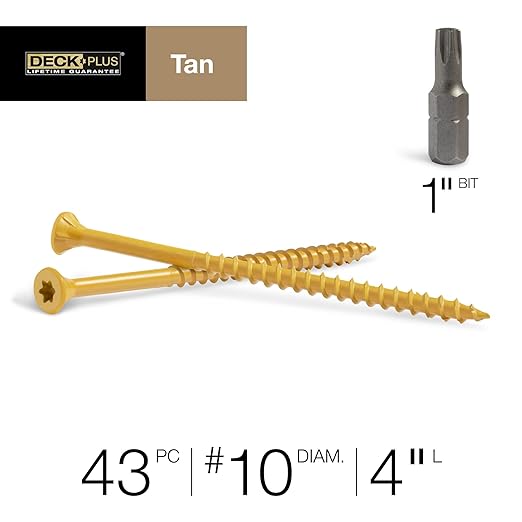 Deck Plus 4 Inch Epoxy Coated Exterior Wood and Fence Screws #10 x 4 Torx/Star Drive Included Coarse Thread, Outdoor Rust Resistant Decking Screw, Tan, 1lb Box, 43 Pieces | 48423