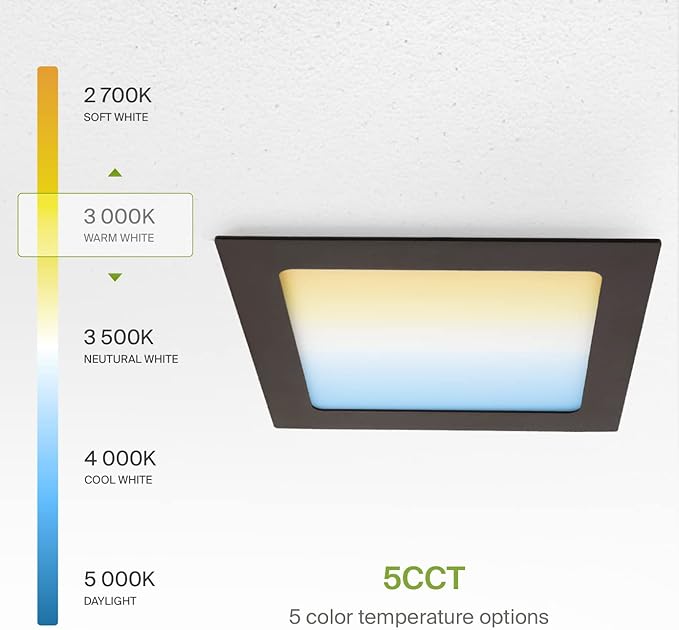 ASD 6 Pack LED Square Recessed Lighting 6 Inch, 5 CCT 2700K-5000K, 15W 60W Eqv, Ultra Thin Dimmable Ceiling Lights with J Box, Canless Wafer Downlight, Slim Panel, UL Energy Star, Oil-Rubbed Bronze
