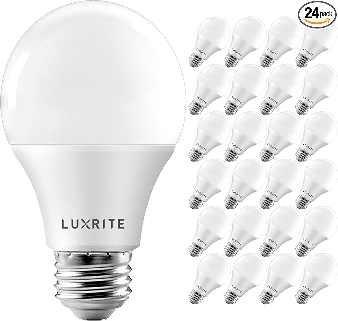 LUXRITE A19 LED Bulb 60W Equivalent, 3500K Natural White, 800 Lumens, Dimmable Standard LED Light Bulbs 9W, Enclosed Fixture Rated, Energy Star, E26 Medium Base - Indoor and Outdoor (24 Pack)