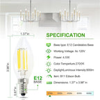VOLIVO 24 Pack Chandelier LED Bulbs,B11 Candelabra 4.5W, 60 Watt Equivalent, 2700K Clear Glass Filament, E12 Standard Base,Soft White,Classic Edison Fan (Non-dimmable)