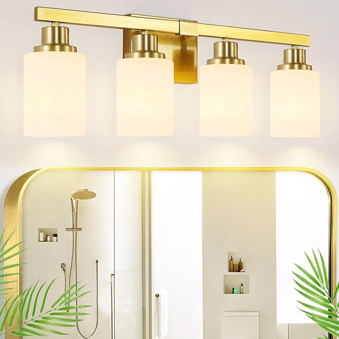 4-Light Gold Vanity Light, Modern Gold Bathroom Light Fixtures Over Mirror with Milky White Glass Shade, Bath Wall Mount Lights Wall Lamp for Mirror Bedroom, Living Room Hallway Kitchen