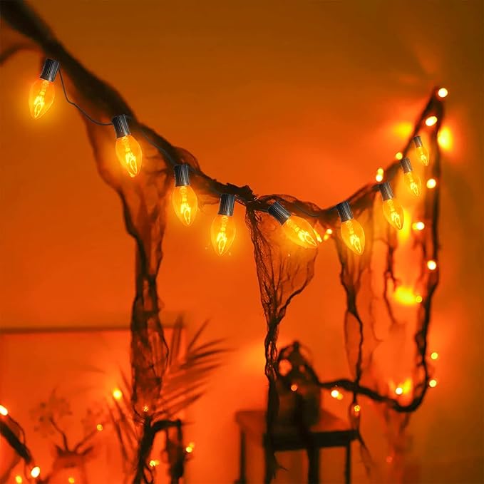 25 Pack Orange Replacement Bulbs C7 Halloween Glass Replacement Bulbs for Outdoor String Light, Patio Lights, C7/E12 Candelabra Base 5 Watt Great for Night Lights and Halloween Bulbs