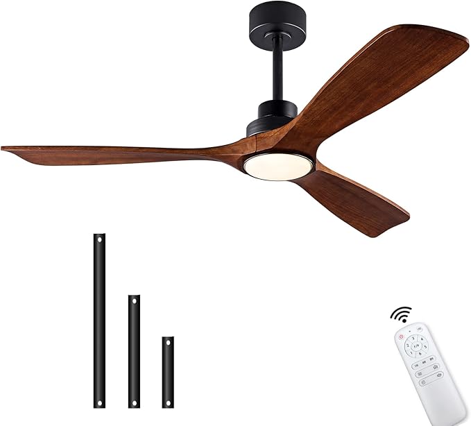 52" Wood Ceiling Fan with Lights Remote Control,Quiet DC Motor 3 Blade Ceiling Fans for Patio Living Room, Bedroom, Office,Indoor Outdoor(Black+Dark Walnut)