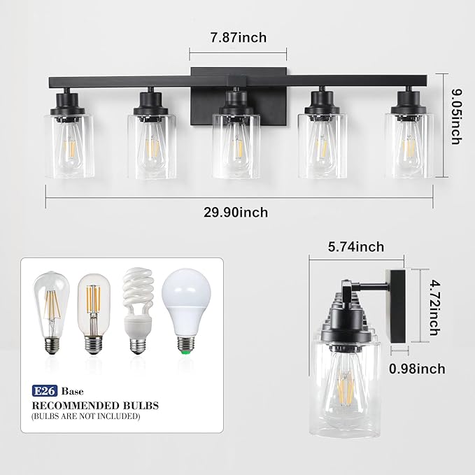 5-Light Black Bathroom Vanity Light, Modern Vanity Lighting Fixture for Bathroom, 31" Matte Light Fixture, Wall Sconces with Clear Glass Shade, Black Bathroom Wall Light Over Mirror
