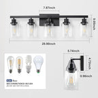 5-Light Black Bathroom Vanity Light, Modern Vanity Lighting Fixture for Bathroom, 31" Matte Light Fixture, Wall Sconces with Clear Glass Shade, Black Bathroom Wall Light Over Mirror