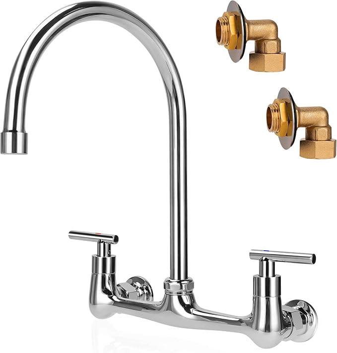 Wall Mount Kitchen Faucet with 8" Gooseneck Swivel Spout, 8 Inch Center Commercial Kitchen Sink Faucet 2 Handle Wall Mount Utility Sink Faucet for Kitchen Restaurant Compartment Sink