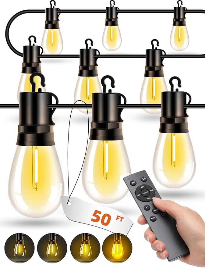 Outdoor Patio String Lights: S14 Shatterproof Bulb Outside Waterproof Light - 50Ft 15M Remote Dimmable Connectable Hanging Outdoor Electric Lighting - Garden Backyard Yard Gazebo Porch Party