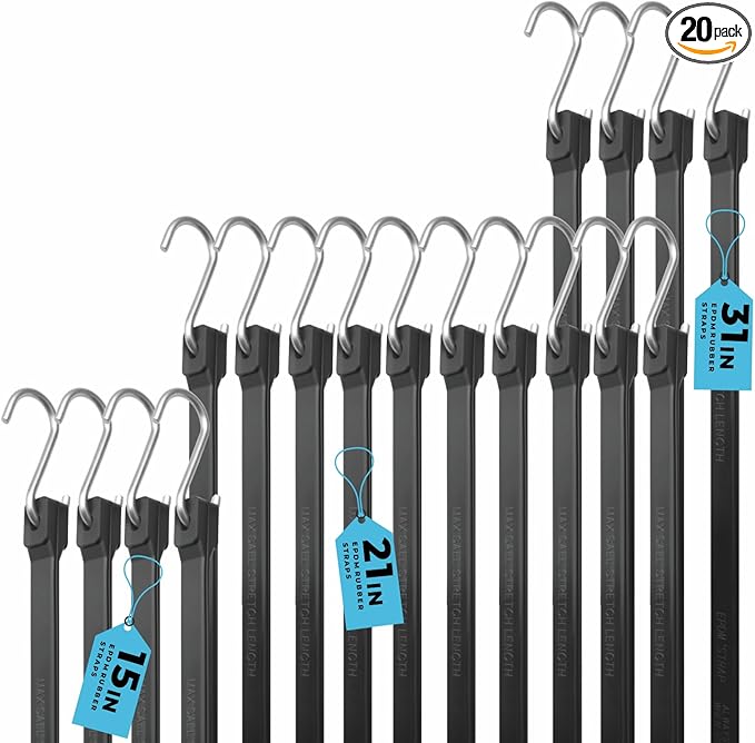 XSTRAP STANDARD Multiple Size Natural Rubber Tarp Bungee Straps Tie Down Cords with S Hooks Heavy Duty Ideal for Securing Tarps - 20 Pack