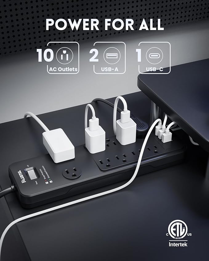 Surge Protector Power Strip 20FT, PLUGTUL Surge Protector with 10 Outlets - Spacious Design for Large Plugs, Flat Plug, 20W USB C Charging for Home, Office, ETL Listed, 2040J
