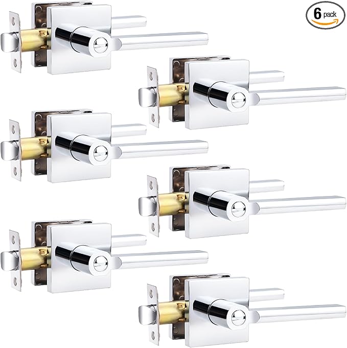 Probrico Polished Chrome Privacy Door Handle Lockset Heavy Duty Square Interior Door Lever for Bedroom or Bathroom Reversible Keyless Handleset Door Knob Slim Handed Levers, 6 Pack