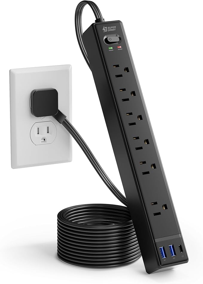 SUPERDANNY Flat Plug Surge Protector Power Strip, 6ft Ultra Thin Extension Cord with 3 USB (1 USB C Port), 6 Outlets Charging Station, Wall Mountable Outlet Extender for Home Office, College Dorm Room