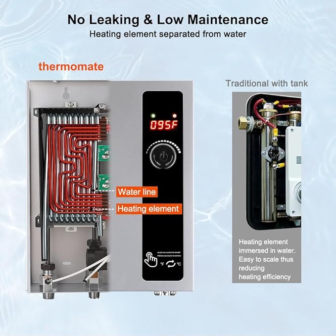Tankless Water Heater Electric 27kW at 240 Volt, ThermoMate On Demand Instant Hot Water Heater Up to 6.4GMP, Self-Modulating Energy Saving for Residential Indoor Shower, Draw 114Amp