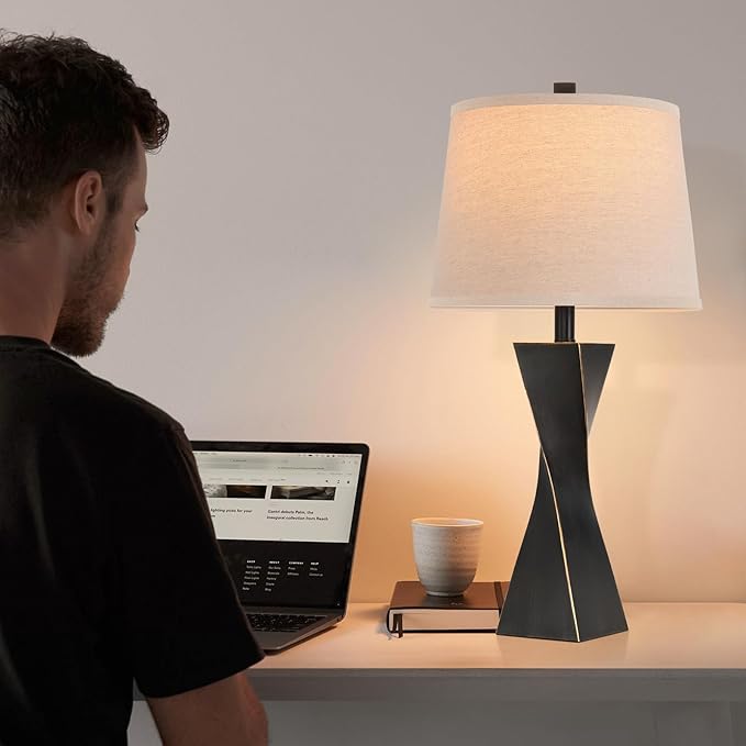 Bedside Lamps Set of 2 Unique Modern Vintage Table Lamp Rustic Farmhouse Desk Lamps for Living Room End Tables Bulb Not Included, Linen Shade, 26.5 in,Black Gold