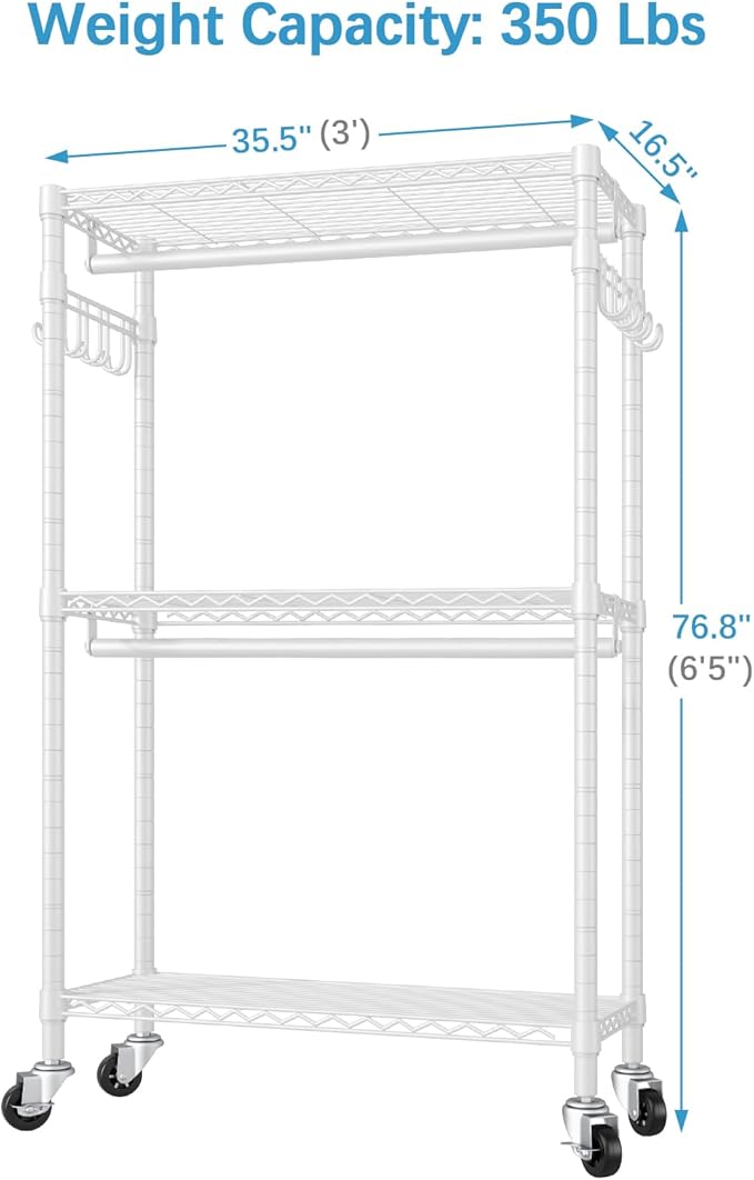 VIPEK R2 Heavy Duty Rolling Garment Rack 3 Tiers Adjustable Clothes Racks with Double Rods & Hooks, Freestanding Wardrobe Closet Storage Rack Metal Clothing Racks for Hanging Clothes, White