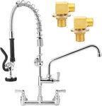 25" Height Commercial Faucet with Sprayer, 8" Adjustable Center & 12" Add-on Swing Spout, Wall Mount Pre-Rinse Commercial Sink Faucet Installation Kit for Commercial Restaurant Kitchen