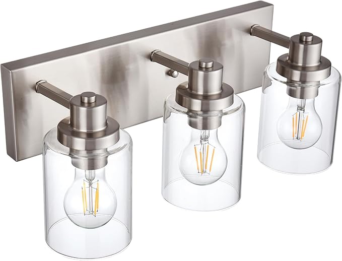 3 Light Bathroom Vanity Light - Brushed Nickel, Modern Farmhouse Style with Clear Glass Shade, Over Mirror Lighting Fixture