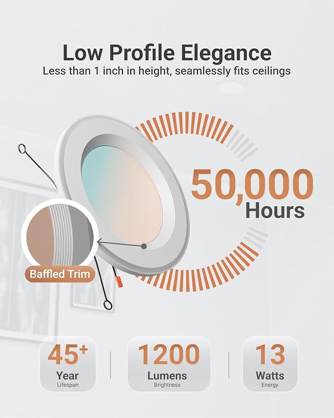 Sunco 6 Inch LED Indoor Home Area Recessed Lighting with Night Light, Selectable CCT 2700K/3000K/4000K/5000K/6000K 13W Dimmable Can Lights, 1200 Lumens, Damp Rated, Retrofit Installation 48 Pack