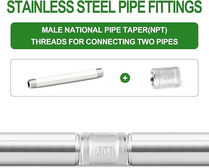 TAISHER 2PCS Stainless Steel Pipe Fittings, 1/2" NPT Male x 1/2" NPT Male Threaded, 12" Length Thickened Nipple Cast Pipe