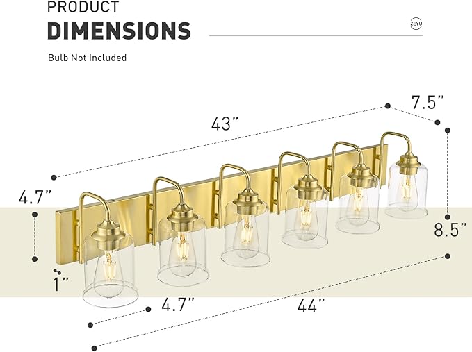 zeyu 44 Inch Brushed Gold Bathroom Light Fixtures, 6 Lights Vintage Wall Light, Modern Vanity Light with Clear Glass Shade, ZSL72B-6W BG