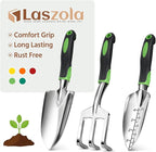 LASZOLA 3 Piece Garden Tool Set Include Hand Trowel Rake and Transplant Shovel for Women, Indoor Heavy Duty Small Spade Kit with Ergonomic Handle to Weed and Loosen, for Mom and Plant Beginner, Green