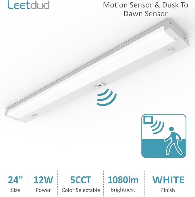Under Cabinet Lighting Motion Sensor Hardwired, 24 Inch 12W Dimmable, 5 CCT 2700/3000/3500/4000/5000K, Eyes Care Design Linkable Under Counter Lights for Kitchen, Sink, ETL Listed, White