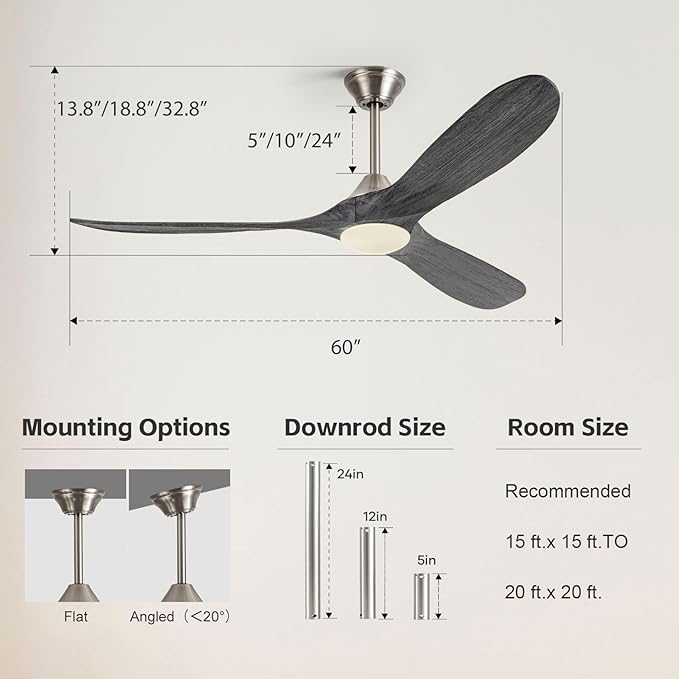 60 Inch Smart Outdoor Ceiling Fans with Light Alexa/Tuya App/Remote Control, Modern Gray Wood DC Ceiling Fan with Dimmable Led Light, Damp-rated Exterior Ceiling Fan for Patios Gazebo Bedroom Office