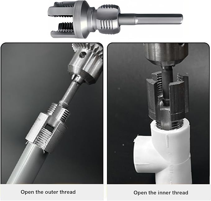 Integrated Internal & External Pipe Threading Tool, Electric Drill Compatible, 1/2" & 3/4" Pipe Sizes, PVC Pipe Thread Repair-Chasing & Restoring, Thread Trimming and Angle Bolt Repair Tool