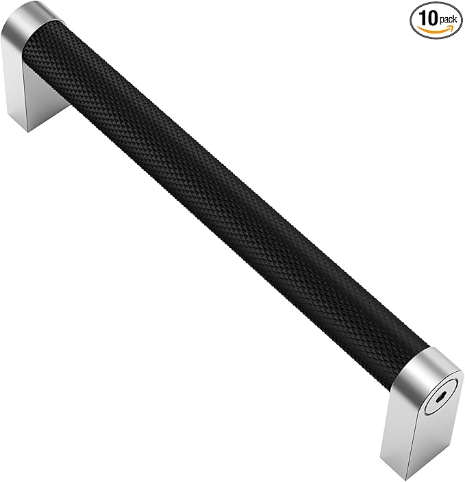 Alzassbg 10 Pack Silver and Black Cabinet Pulls, 5 Inch(128mm) Hole Centers Cabinet Handles Kitchen Hardware Knurled Drawer Handle Pull AL3101CP-MB