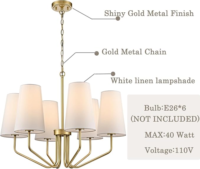 Modern 6-Light Brass Gold Chandelier with White Fabric Shade Chandelier Adjustable for Dining Room Hallway Living Room Kitchen Island